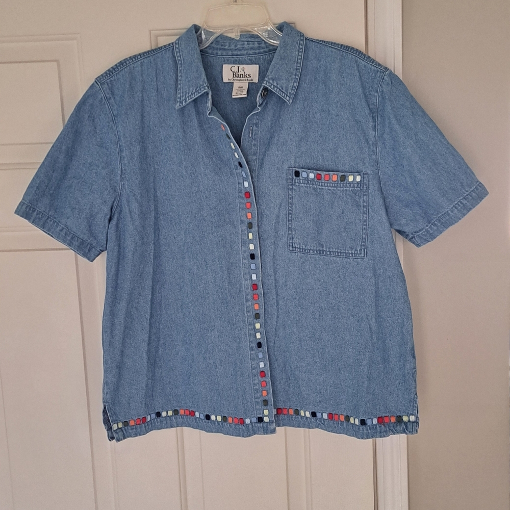 Cj Banks Vintage Denim Button Collar Summer Colorful Vacation Shirt. Sz 14W.